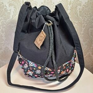 Ibelulas Large Canvas Drawstring Tote Bag Sugar Skull Print NWT